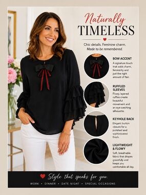 Ups & Downs Black Ruffle Sleeve Bow Blouse Size Small